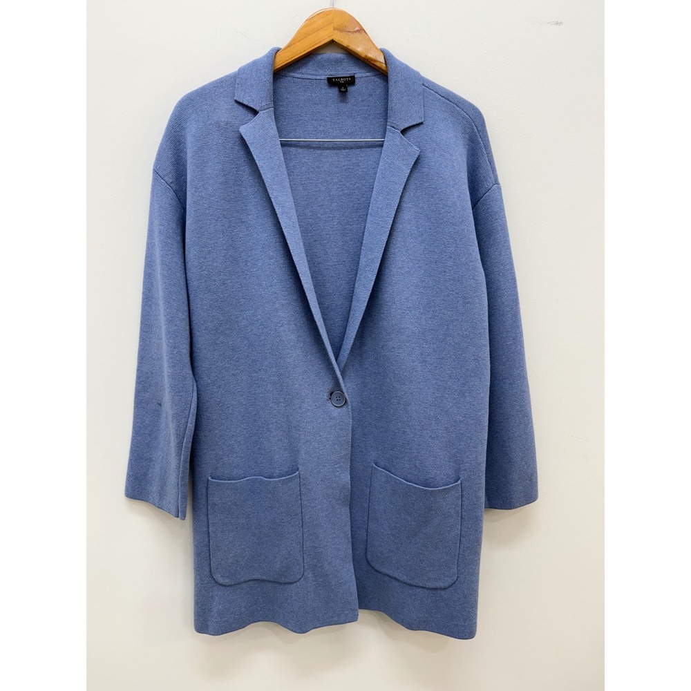 Talbots Plus Sweater Blazer 0X Blue Cotton Rayon Knit Longline Cardigan Pockets